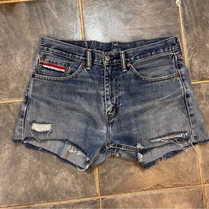 Levi’s 505’s Red White and blue Embroidered cut off distressed jean shorts Sz 6